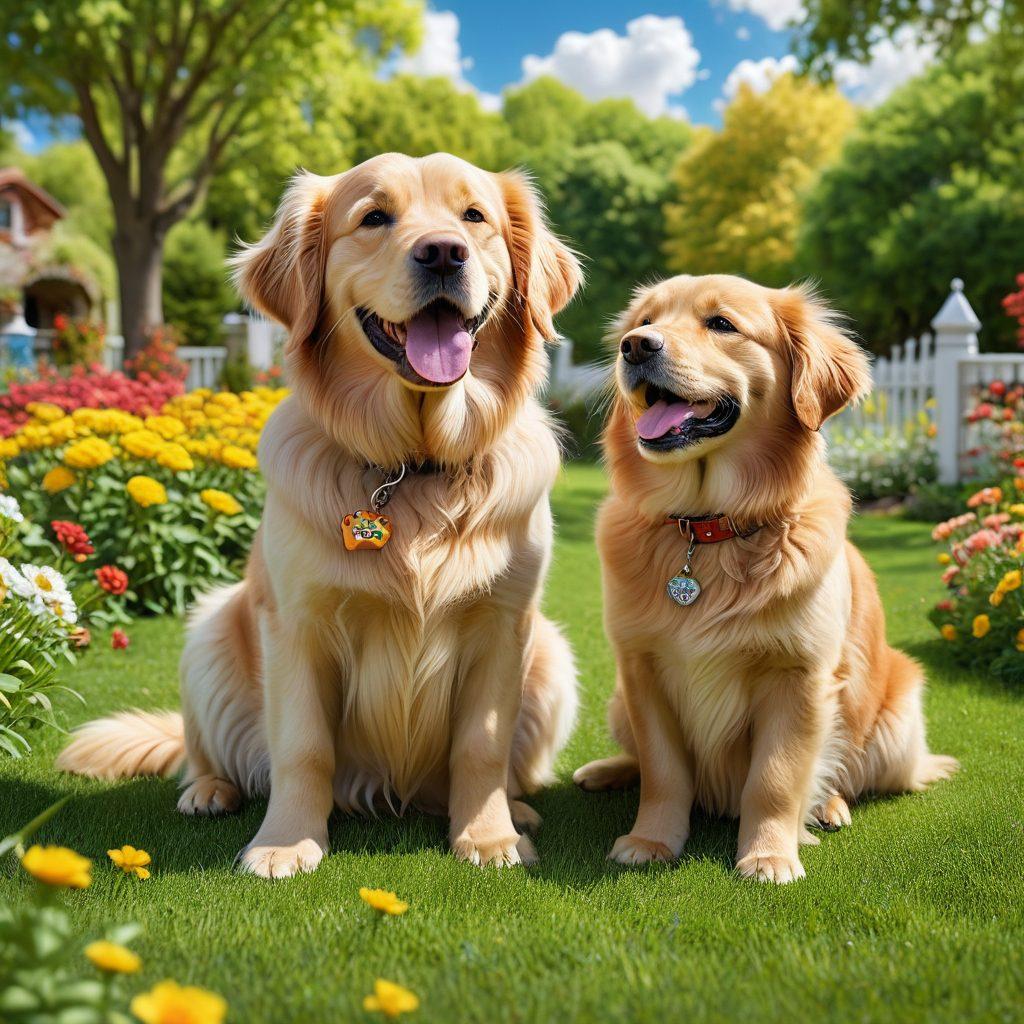 A heartwarming scene of a playful dog and cat frolicking in a sunny park, surrounded by colorful flowers and soft grass. They are wearing cute collars with tags reflecting pet insurance symbols, showcasing safety and protection. The background features a vibrant blue sky with fluffy white clouds, while a loving owner watches nearby, ready to provide care. The overall mood is cheerful and comforting. super-realistic. vibrant colors. 3D.
