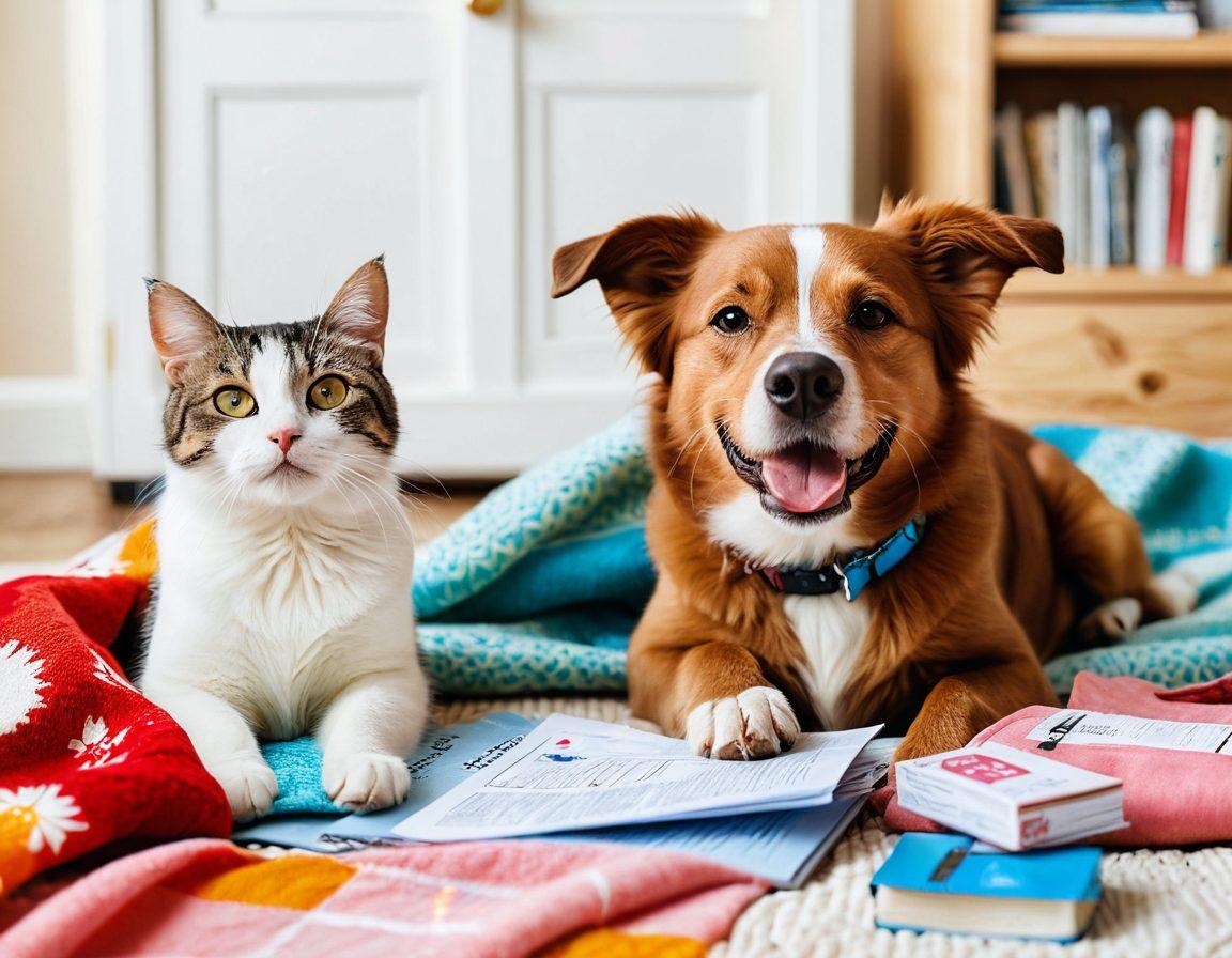 A happy dog and cat snuggled together on a soft, colorful blanket, surrounded by pet insurance documents, a piggy bank, and a first aid kit. Warm lighting enhances the cozy atmosphere, showcasing a sense of security and love for pets. The background features playful paw prints and wide smiles, signifying peace of mind for pet owners. bright and cheerful colors. 3D illustration.