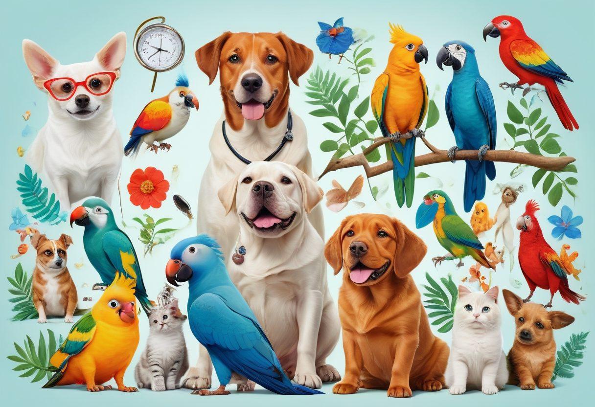 A visually appealing collage showcasing various pets like dogs, cats, and exotic animals, accompanied by elements representing insurance, such as policy documents and medical symbols. The scene should radiate warmth and trust, highlighting happy pet owners interacting with their animals. Use vibrant colors to create a friendly and inviting atmosphere that appeals to pet lovers. cartoon style. vibrant colors. white background.